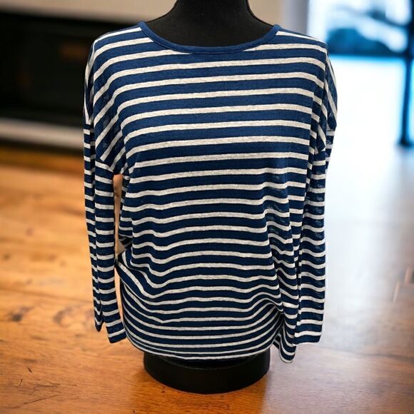 J. Crew Tops - J Crew Blue and Cream striped Linen knit long sleeve top size XXS